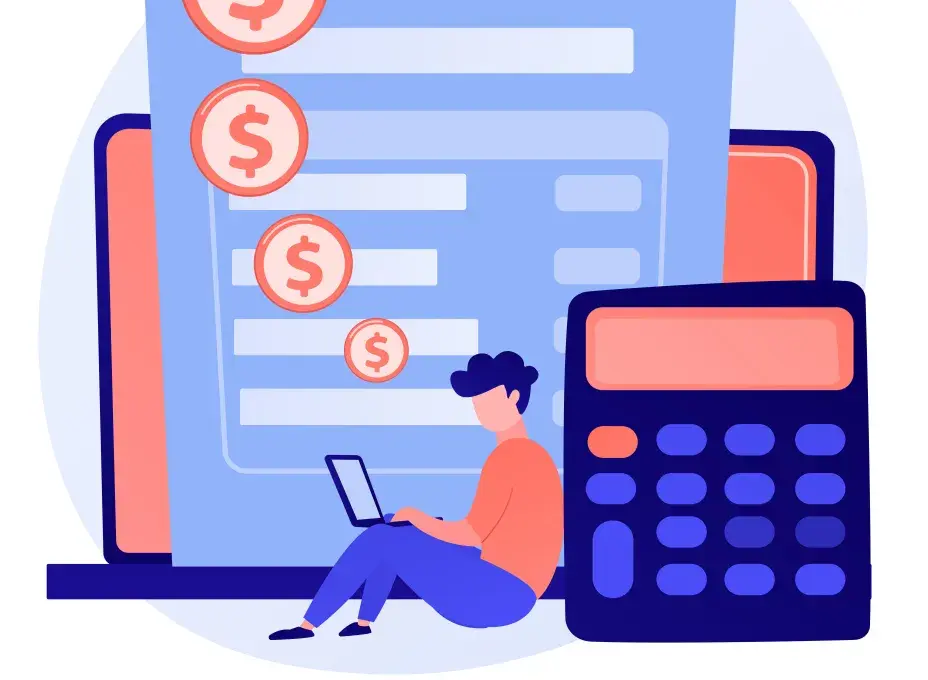 Illustration montrant une facture, des devises euros, une calculatrice et un personnage en train d'utiliser un ordinateur