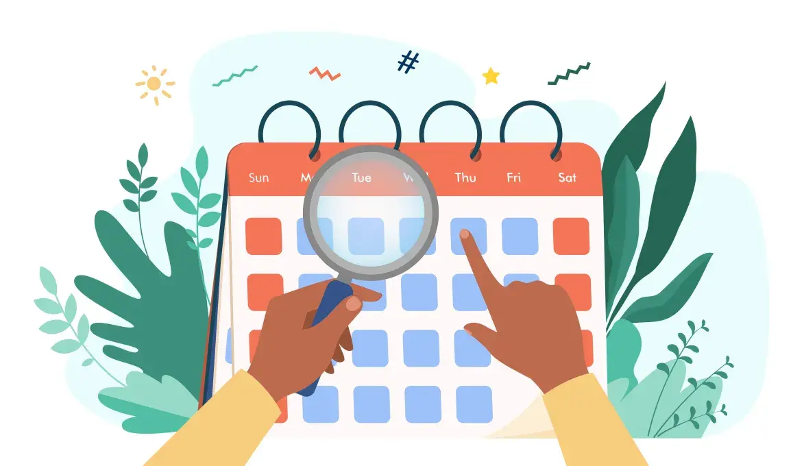 Illustration représentant une main posant une loupe sur un calendrier