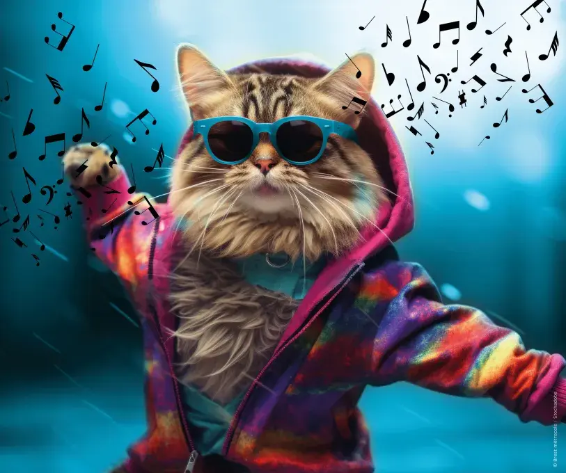 Illustration montrant un chat avec des lunettes de soleil et un sweet-shirt en train de danser