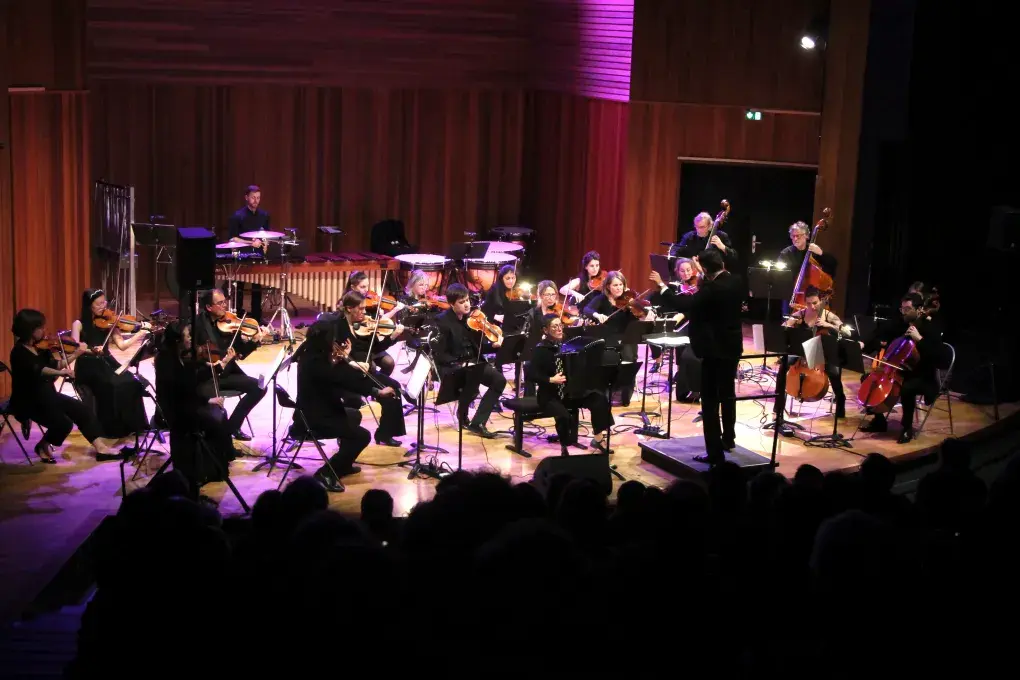 Photo montrant un orchestre en concert sur scène dirigé par un chef d'orchestre