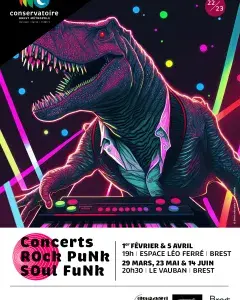 Affiche des concerts de musiques actuelles 2022/2023 du conservatoire de Brest métropole. L'illustration représente un tyrannosaure jouant des notes sur un clavier.