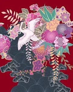Illustration aux influences japonaises montrant des fleurs et un ibis.