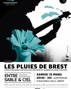 Affiche montrant la sihouette d'un guitariste et un collage d'un visage féminin et de feuilles de livre volantes