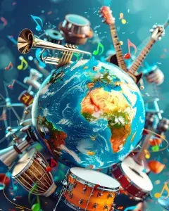 Illustration montrant une planète entourée d'instruments d emusique