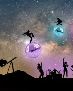 Illustration montrant des silhouettes de musiciens sous une nuit étoilée dansant sur des planètes de boules discos pendant qu'un homme observe le ciel à la longue vue.