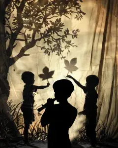 Illustration montrant un enfant jouant de la flûte dans une forêt. Il est accompagné par deux autres garçons qui tiennent des feuilles d'arbre dans leurs mains. 