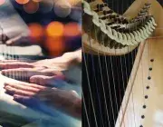 Image montée en deux parties montrant d'une part des mains tapant sur une percussion et d'autre part les cordes et le corps d'une harpe classique.