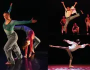 Photo-montage montrant des danseuses et danseurs sur scène effectuant des chorégraphies classique, jazz et contemporaines