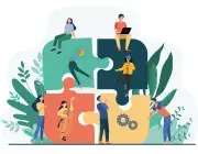 Illustration représentant des danseurs, comédiens, musiciens assemblant des pièces de puzzle