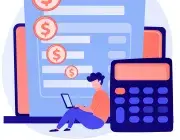 Illustration montrant une facture, des devises euros, une calculatrice et un personnage en train d'utiliser un ordinateur