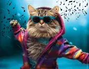 Illustration montrant un chat avec des lunettes de soleil et un sweet-shirt en train de danser