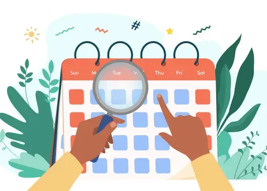 Illustration représentant une main posant une loupe sur un calendrier