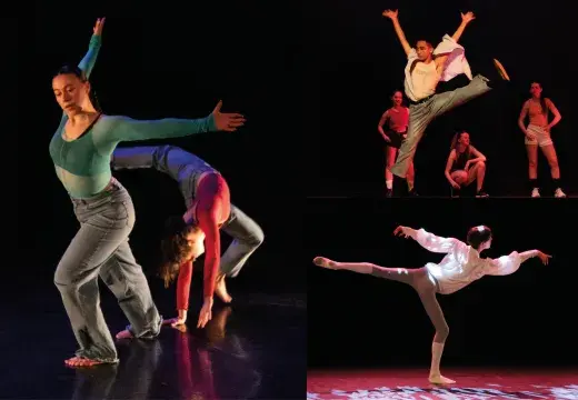 Photo-montage montrant des danseuses et danseurs sur scène effectuant des chorégraphies classique, jazz et contemporaines