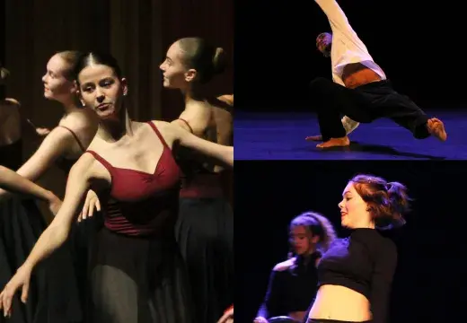Photo montrant des danseuses et un danseur sur scène en spectacle