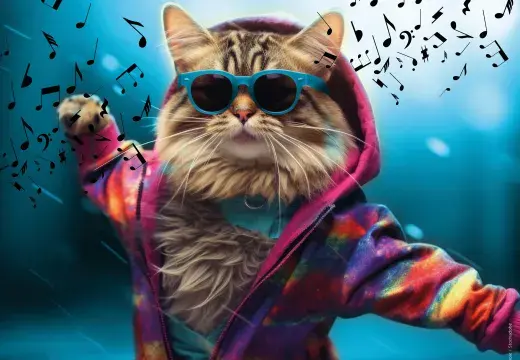 Illustration montrant un chat avec des lunettes de soleil et un sweet-shirt en train de danser