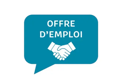 Illustration représentant une bulle de bande dessinée avec un texte mentionnant "offre d'emploi" un dessin montrant poignée de mains