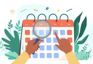 Illustration représentant une main posant une loupe sur un calendrier