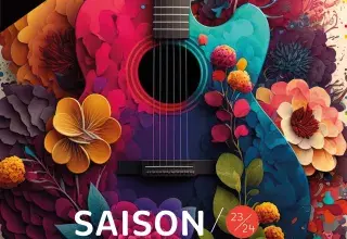 Couverture de la brochure de saison 23/24 du conservatoire représentation une illustration de guitare au milieu de fleurs