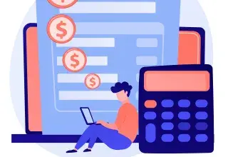 Illustration montrant une facture, des devises euros, une calculatrice et un personnage en train d'utiliser un ordinateur