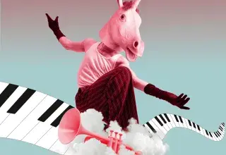 Illustration montrant un danseur coiffé d'une tête de licorne qui danse sur un piano zigzagant.