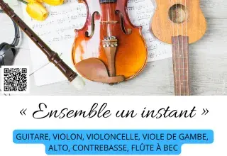 Imgae montrant une flûte, un violon, une guitare posés sur une partition.