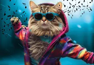Illustration montrant un chat avec des lunettes de soleil et un sweet-shirt en train de danser
