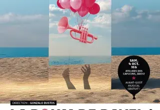 Illustration montrant un bouquet de ballon transportant une trompette et s'envolant depuis une plage.