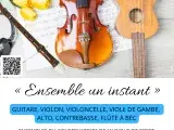 Imgae montrant une flûte, un violon, une guitare posés sur une partition.