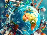 Illustration montrant une planète entourée d'instruments d emusique